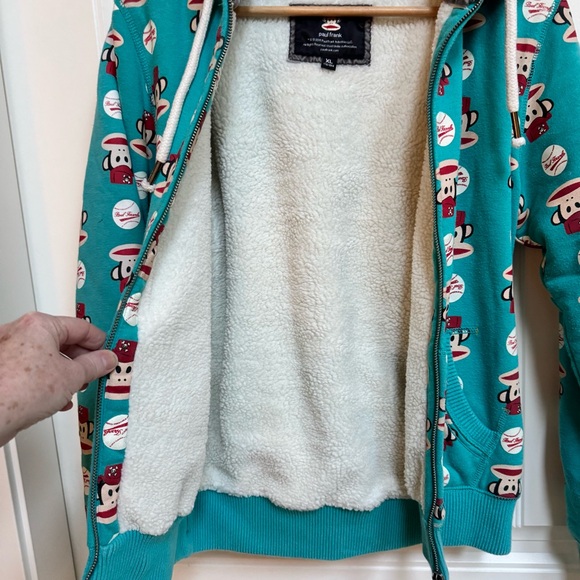 Paul Frank 2011 Teal Julius the Monkey Baseball Print Sherpa Lined Hoodie. XL - Picture 4 of 8